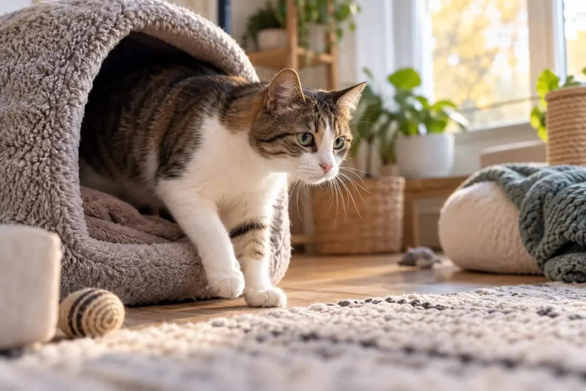 Адаптация кошки после улицы — кошка выходит из укрытия в новом доме